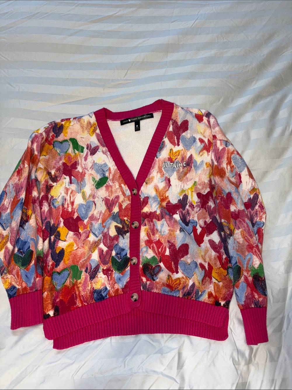 Aqua by Kerri Rosenthal Multicolor Heart-Print Cardigan with Hot Pink Trim